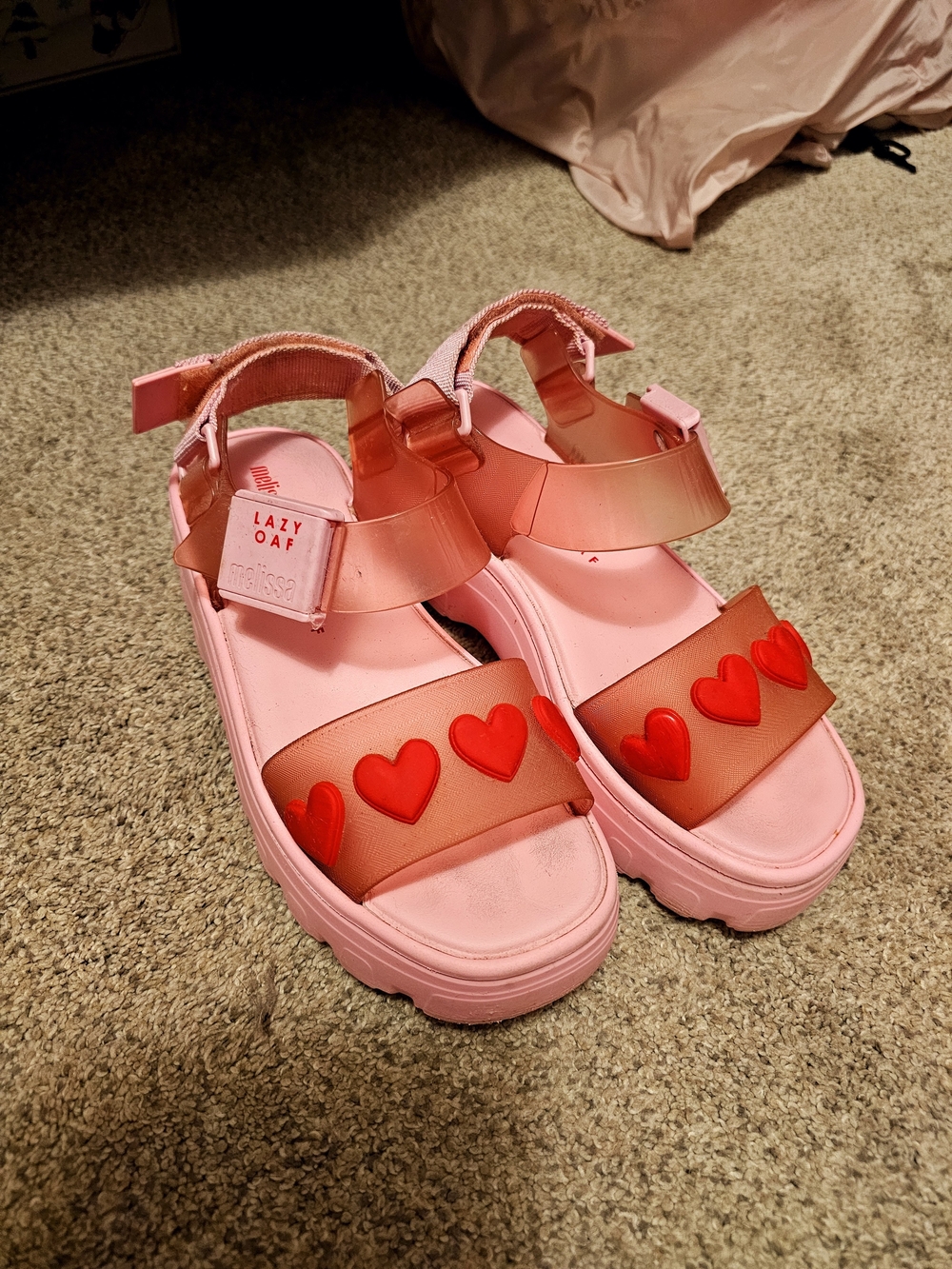 Lazy Oaf Pink Sandals with Red Heart Details